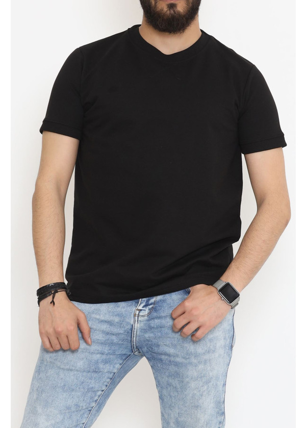 Bisiklet Yaka İki İplik Tişört Siyah