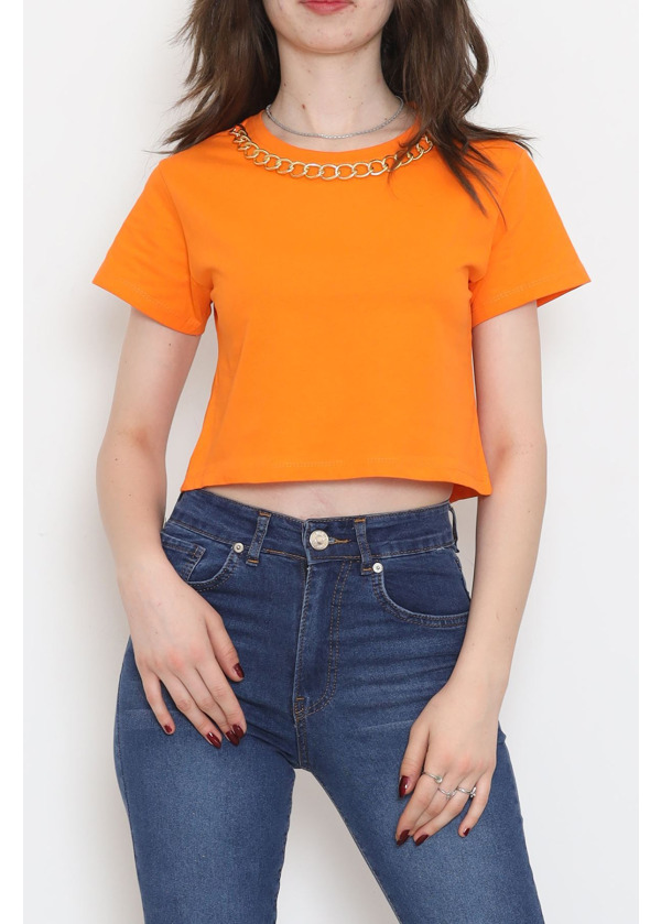 Zincirli Crop Tişört Turuncu